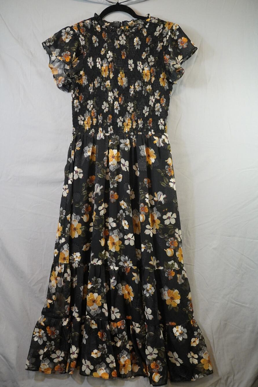 Lucy Paris NWT Channing Black Yellow Floral Smocked Tiered Maxi Dress S $118